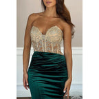 Vestido de noche para fiesta de graduación con escote corazón, sin tirantes, ilusión, apliques de cuentas y cola 