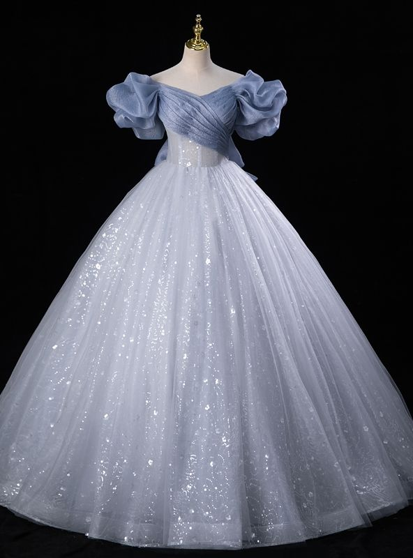 Robe de soirée féerique en tulle bleu à sequins Y7679