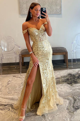 Baoleely Soleil | Gold Sequin Lace Off the Shoulder Mermaid Prom Dress