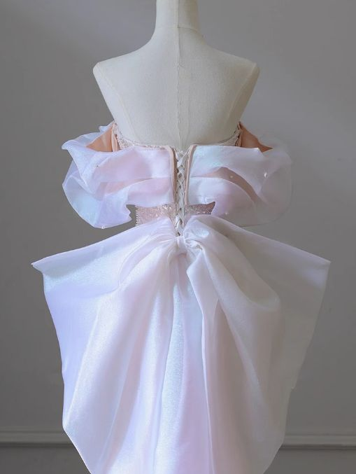 Robe de bal longue rose en tulle à sequins et perles, coupe trapèze, épaules dénudées, modèle Y8050