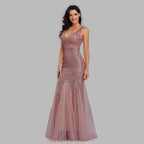 Sequin Stitching Mesh Mermaid Evening Dress Double V Neck Sleeveless Bridesmaid Elastic Dress