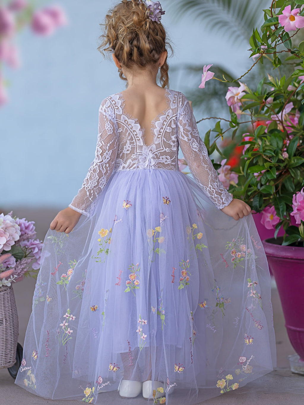 Vestido de niña de las flores de jardín, de tul bordado con encaje floral, corte en A y largo hasta el suelo 