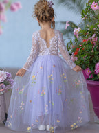 Vestido de niña de las flores de jardín, de tul bordado con encaje floral, corte en A y largo hasta el suelo 