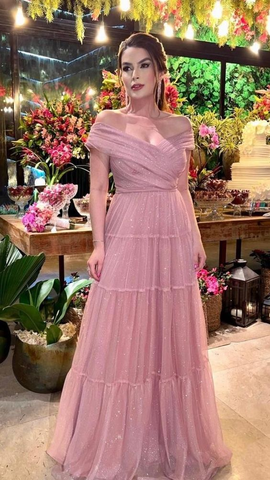 Vestido de noche brillante con hombros descubiertos y corte en A, estilo glamuroso Y6232