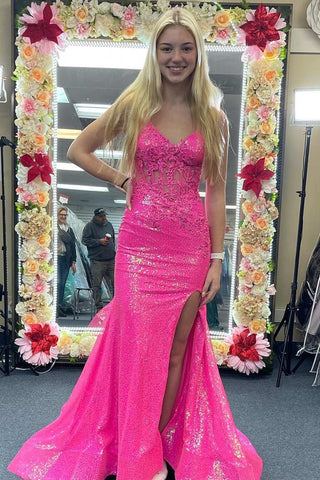 Robe de bal sirène à sequins, col en V et fente