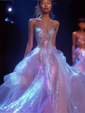 Elegante vestido de noche largo de sirena con lentejuelas, tul y gasa morados, modelo Y8331