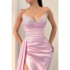 Vestidos de noche formales largos con escote en V y abertura alta con cuentas sexys