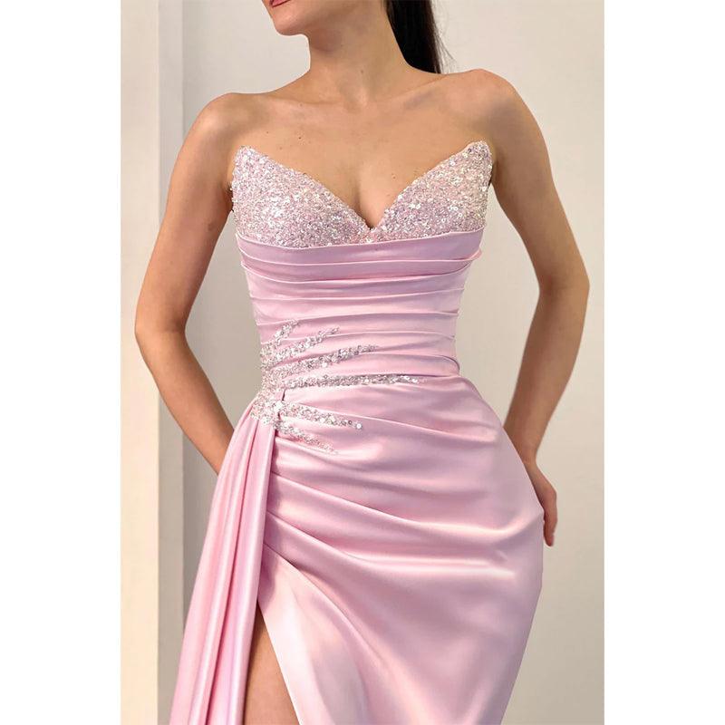 Vestidos de noche formales largos con escote en V y abertura alta con cuentas sexys