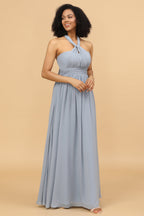 Robe de demoiselle d'honneur longue convertible en mousseline grise et bleue