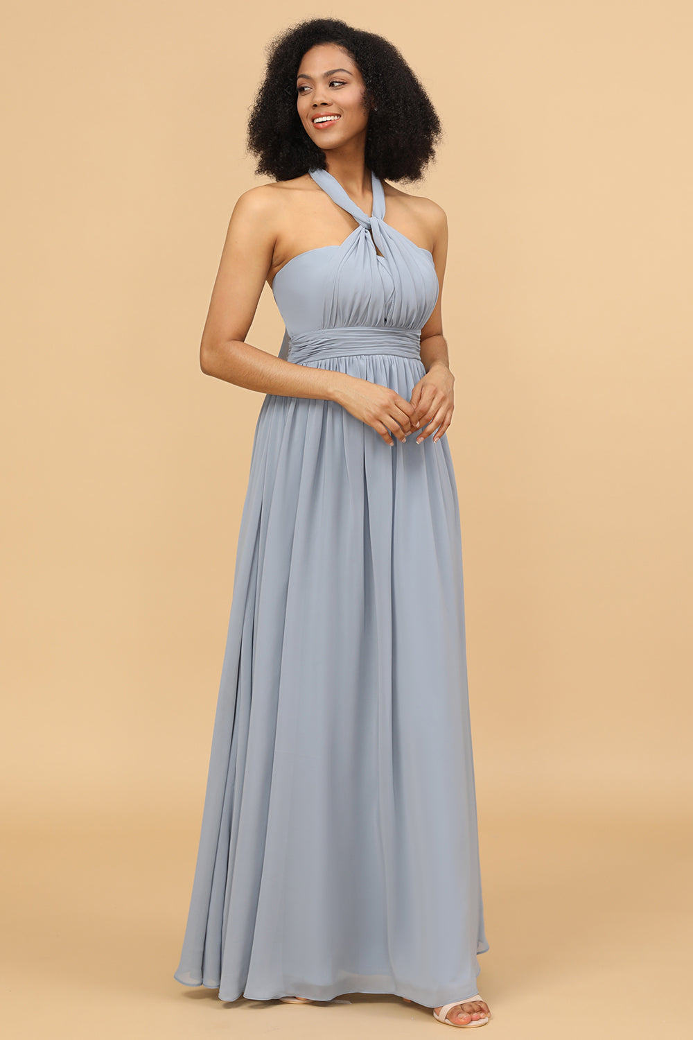 Robe de demoiselle d'honneur longue convertible en mousseline grise et bleue