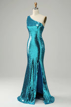 Sparkly Golden Sequins One Shoulder Long Prom Dress with Slit
