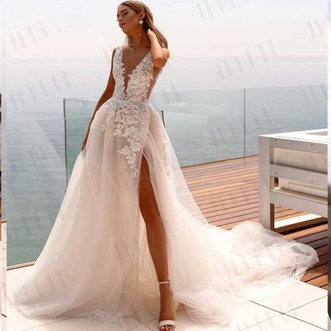 Popular V-neck Lace Applique A Line Wedding Dresses Backless Side Slit Custom Made Formal Bridal Grown 2024