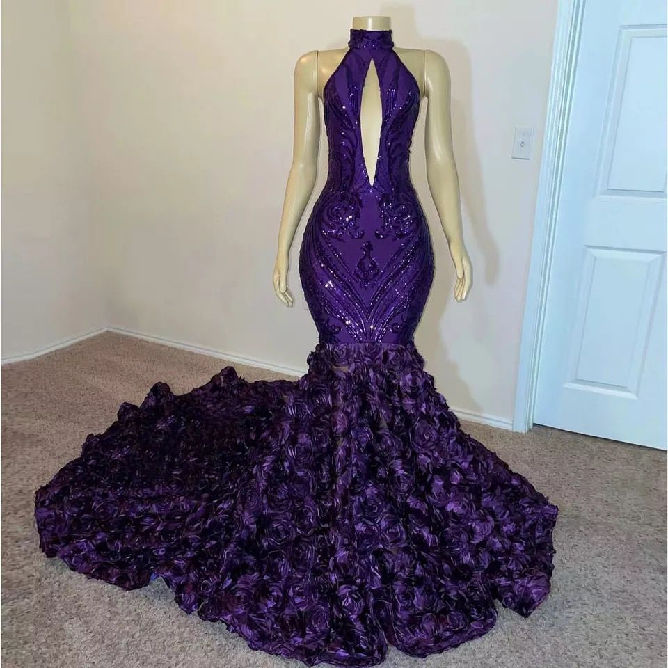 Vestidos de fiesta de sirena de lujo con lentejuelas moradas para chicas negras, cuello alto con flores, vestidos de noche para bodas y galas Y1846