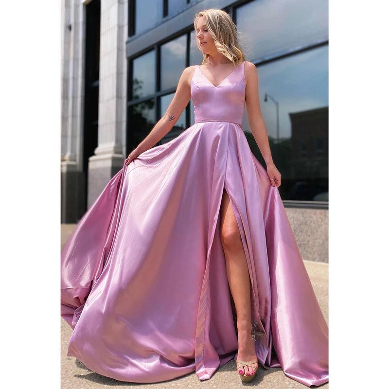 Plunging V-neck Pink Elastic Satin Senior Prom Dress with Slit