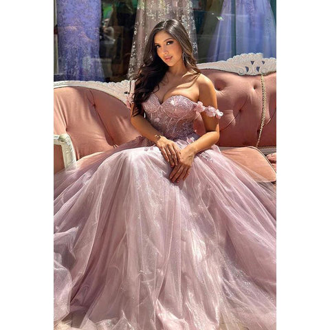 Elegant & Luxurious Appliques A-Line Off-Shoulder Cap Sleeves Tulle Party Prom Dress