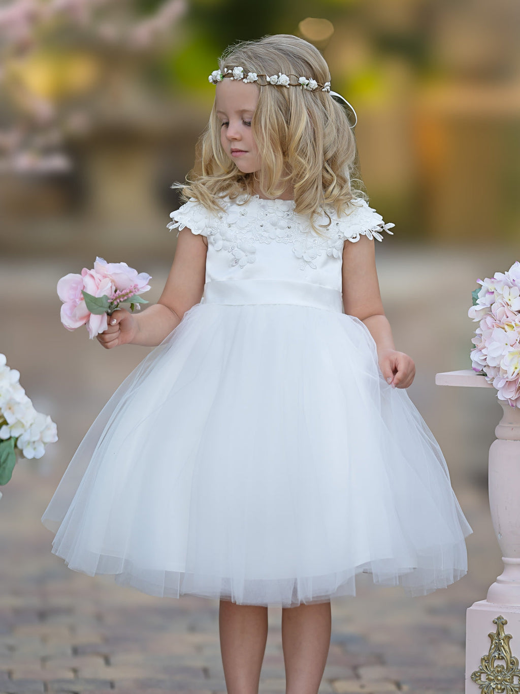Vestido de niña de las flores de la Primera Comunión, color marfil, de tul satinado hasta la rodilla 