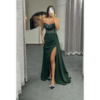 Vestido formal de noche con escote en forma de corazón, de satén con cuentas y abertura para graduación