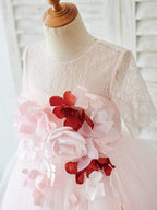 Vestidos de niña de las flores en 3D, corte en A, mangas 1/2, encaje y tul, hasta la rodilla 