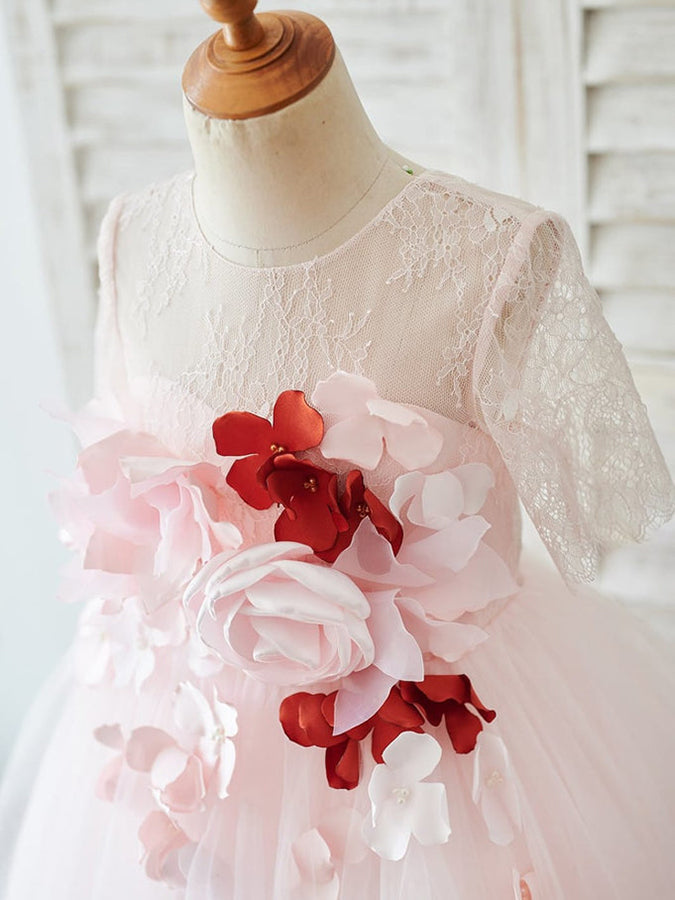 Vestidos de niña de las flores en 3D, corte en A, mangas 1/2, encaje y tul, hasta la rodilla 