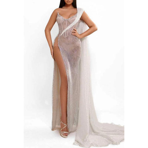 Vestido de fiesta de graduación de noche, transparente, ajustado, con un hombro al descubierto y abertura alta 