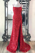 Robe de bal longue rose fuchsia sexy à paillettes et sequins sirène, dos nu