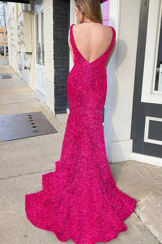 Robe de bal sirène violette à sequins et décolleté plongeant en V, dos nu