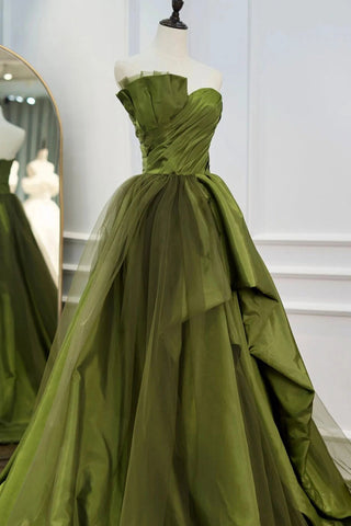 A Line Asymmetrical Straples Green Long Prom Dress with Ruffles