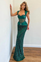 Impresionante vestido largo de sirena de tul con tirantes de lentejuelas para baile de graduación