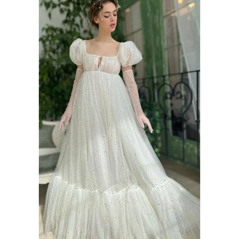 Robe de bal longue trapèze en tulle à col carré et manches courtes bouffantes