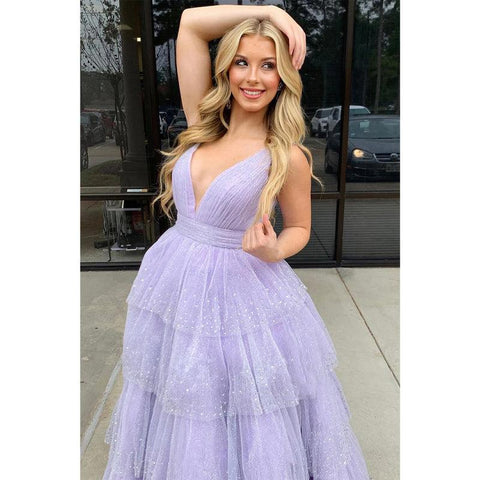 Robe de bal longue à col en V et paillettes lilas 