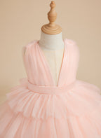 Vestido de princesa rosa perla sin mangas para niña de las flores con lazo de tul 