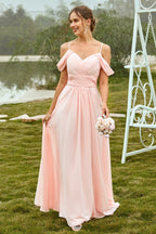 Robe de demoiselle d'honneur rose poudré à épaules dénudées
