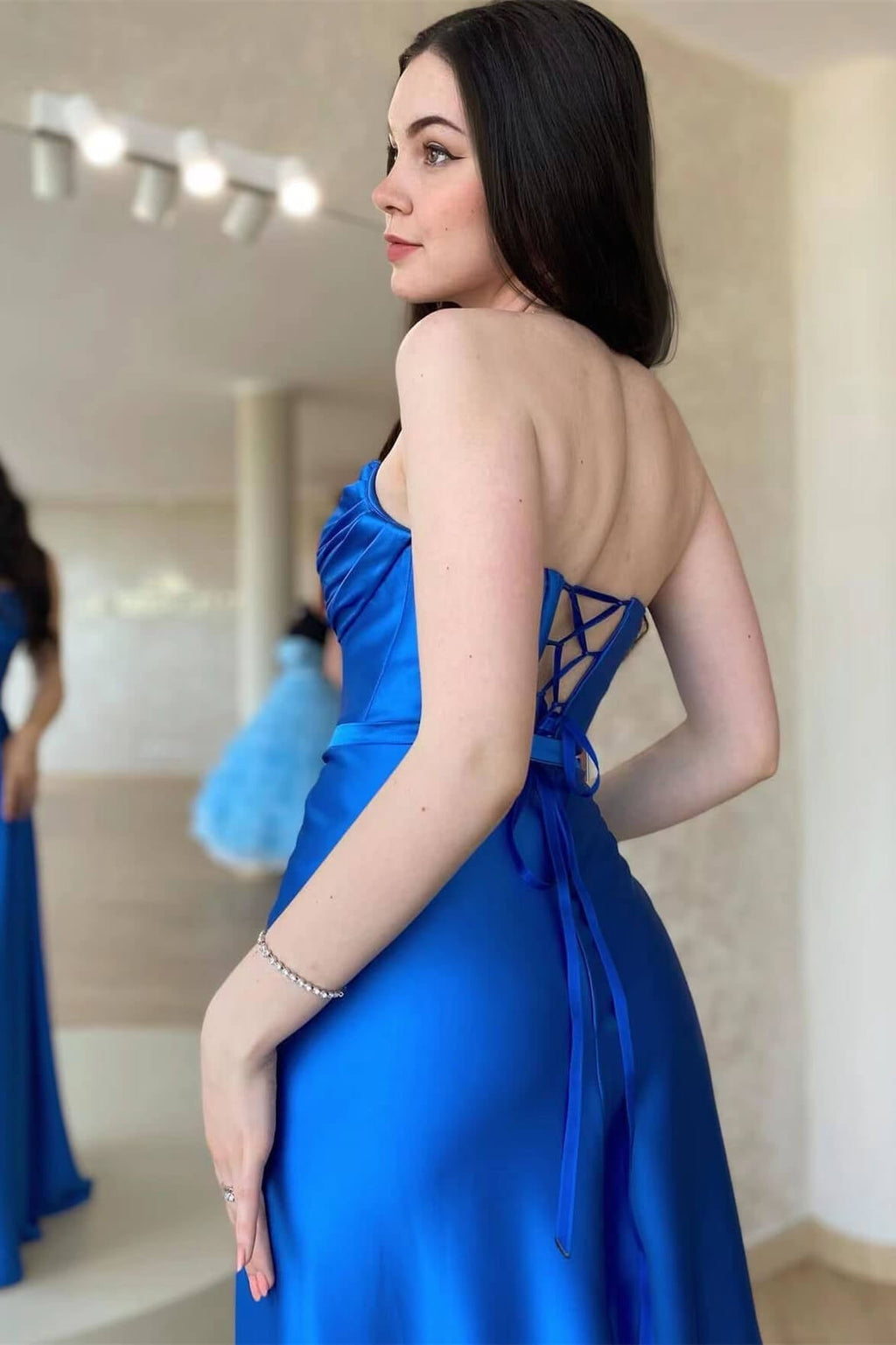 Strapless Open Back Sleeveless Prom Dress with Split and Ruffle
