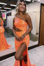Sparkly Sequin One Shoulder Long Prom Dress with Slit