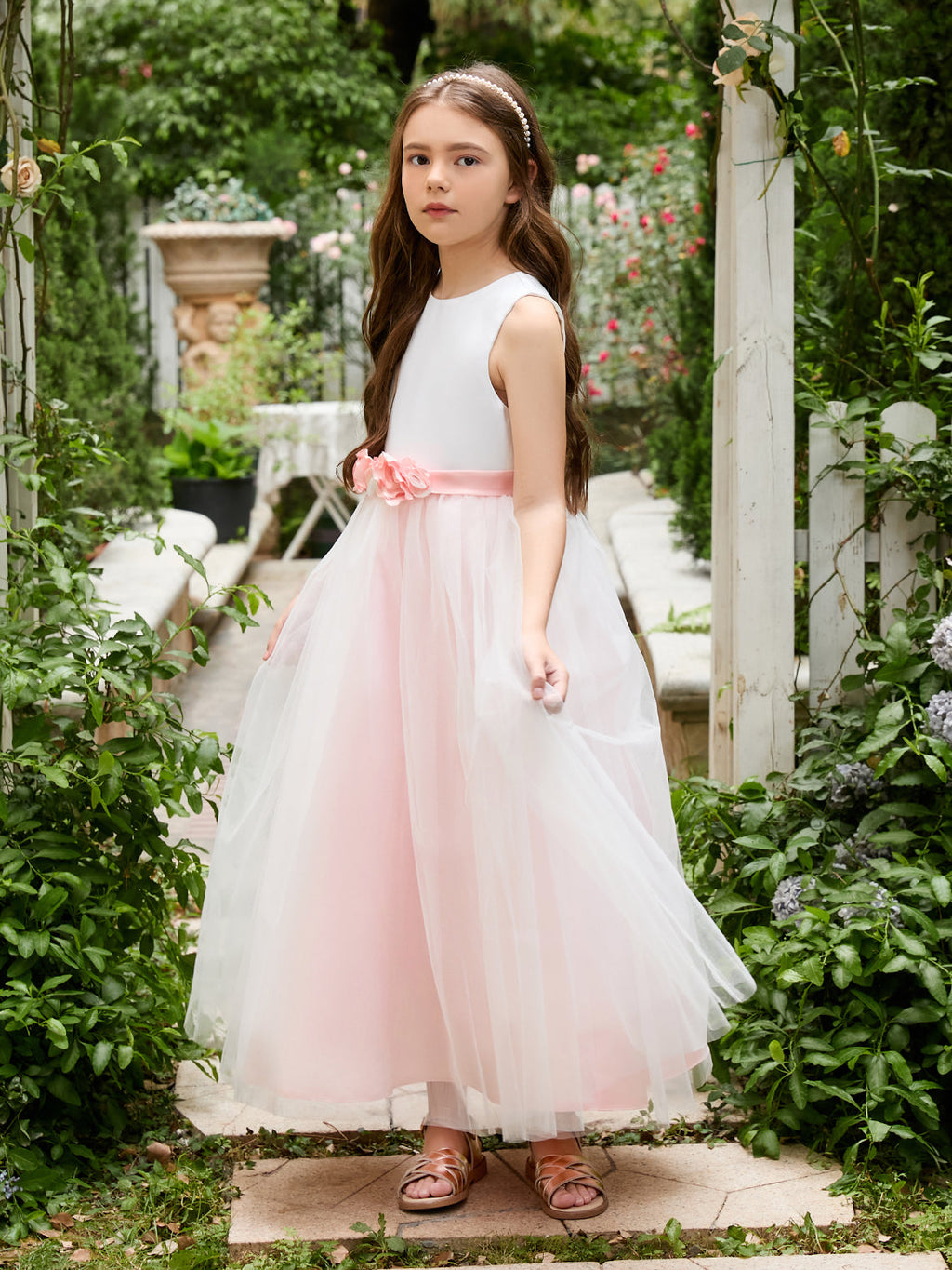 Vestido de niña de las flores de corte A con flores 3D, tul satinado y largo hasta el tobillo 