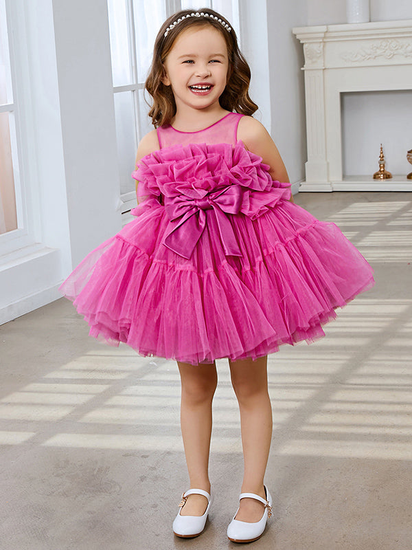 Encantador vestido rosa de princesa sin mangas de tul para niña de las flores con detalle de lazo (010224355) 