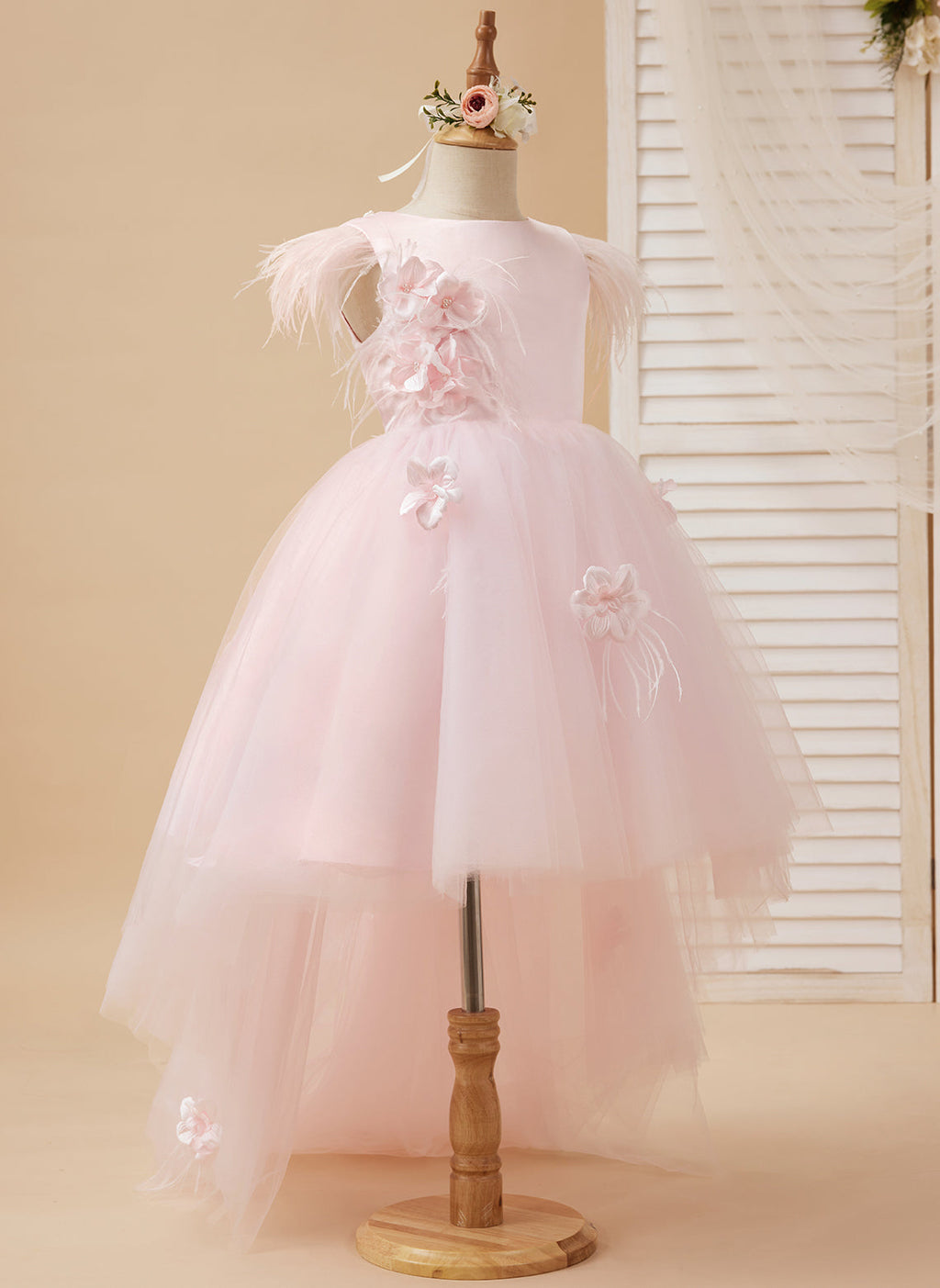 Vestido de niña de las flores de tul sin mangas estilo princesa con cuentas y lazo de plumas (010224704) 