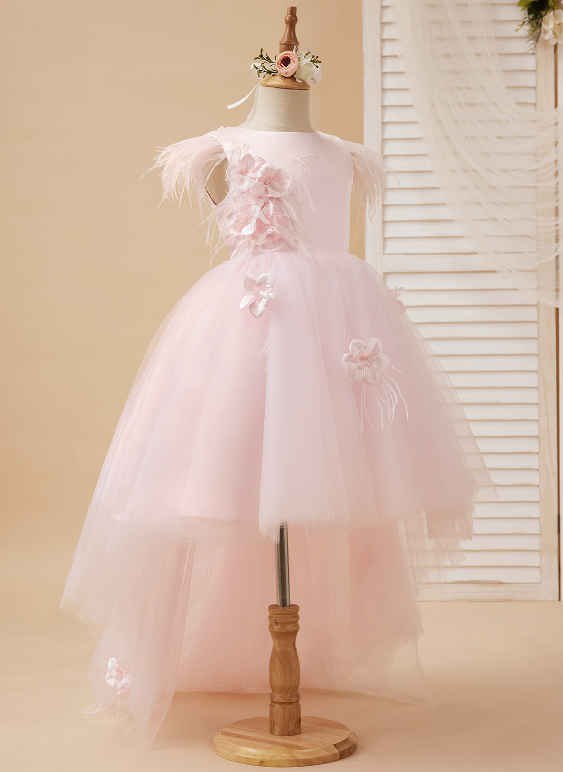 Vestido de niña de las flores de tul sin mangas estilo princesa con cuentas y lazo de plumas (010224704) 