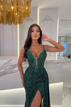 Dark Green Sequins Evening Dress Mermaid With Split Sleeveless