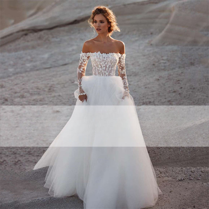 Vestido de novia elegante de corte A 2023 para mujer, de encaje, con espalda descubierta, sin tirantes, manga larga desmontable y cola de barrido. 