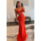Vestido de fiesta de noche con tirantes finos, cuello en V, sexy y brillante, estilo trompeta