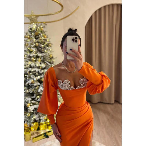 Robe de bal de fin d'année simple et décontractée, col en V, manches longues, froncée, fourreau, avec strass