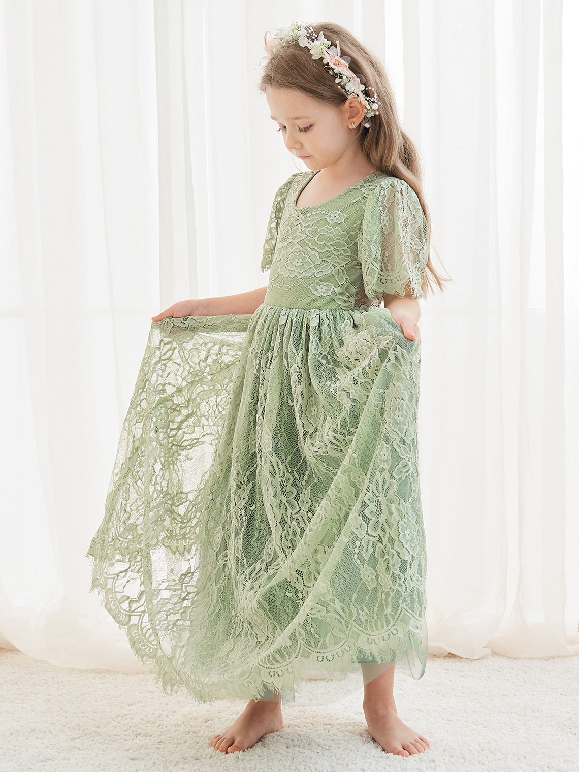Vestido verde de tul y encaje de corte A hasta el tobillo (2003227593) 