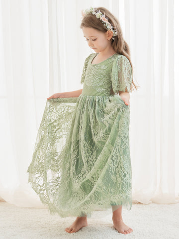 A-line Lace Ankle-length Ivory Boho Flower Girl Dress