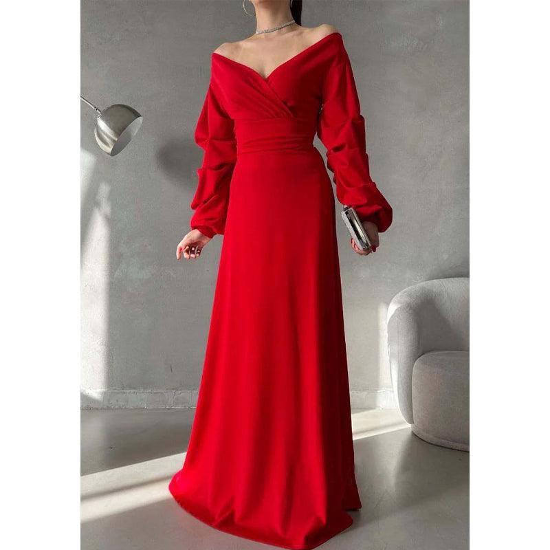 Robe de bal longue simple, coupe trapèze, col en V, épaules dénudées, manches bouffantes 