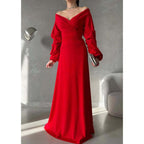 Robe de bal longue simple, coupe trapèze, col en V, épaules dénudées, manches bouffantes 