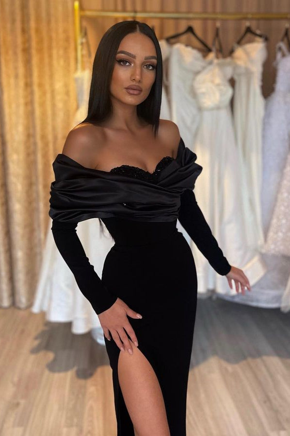 Robe de bal sirène noire bustier élégante à manches longues et fente stylée