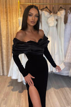 Robe de bal sirène noire bustier élégante à manches longues et fente stylée