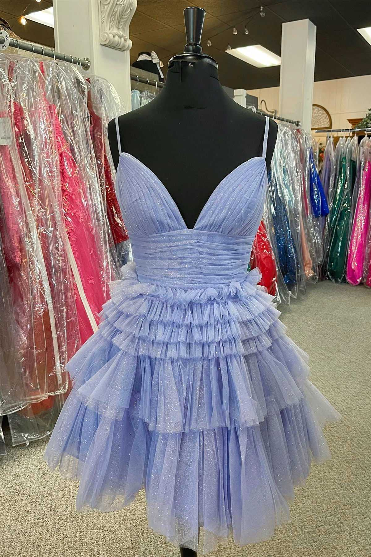 Vestido corto de fiesta de corte A con escote en V y espalda descubierta de varias capas. Vestido de graduación de corte A Y2350