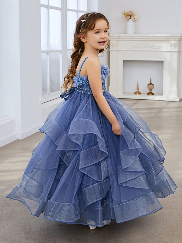 Vestido de niña de las flores de tul sin mangas, corte princesa, azul pizarra, corte en A, estilo princesa 